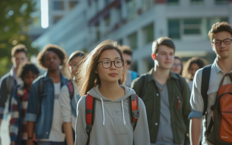 Diverse Group Of Students With Backpacks Strolling Confidently Through The City